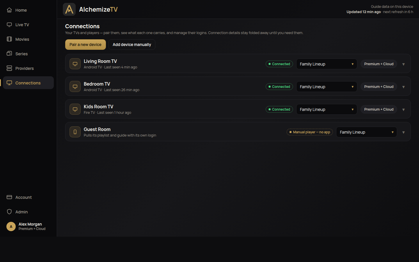 Paired TVs in the AlchemizeTV console, with sample content