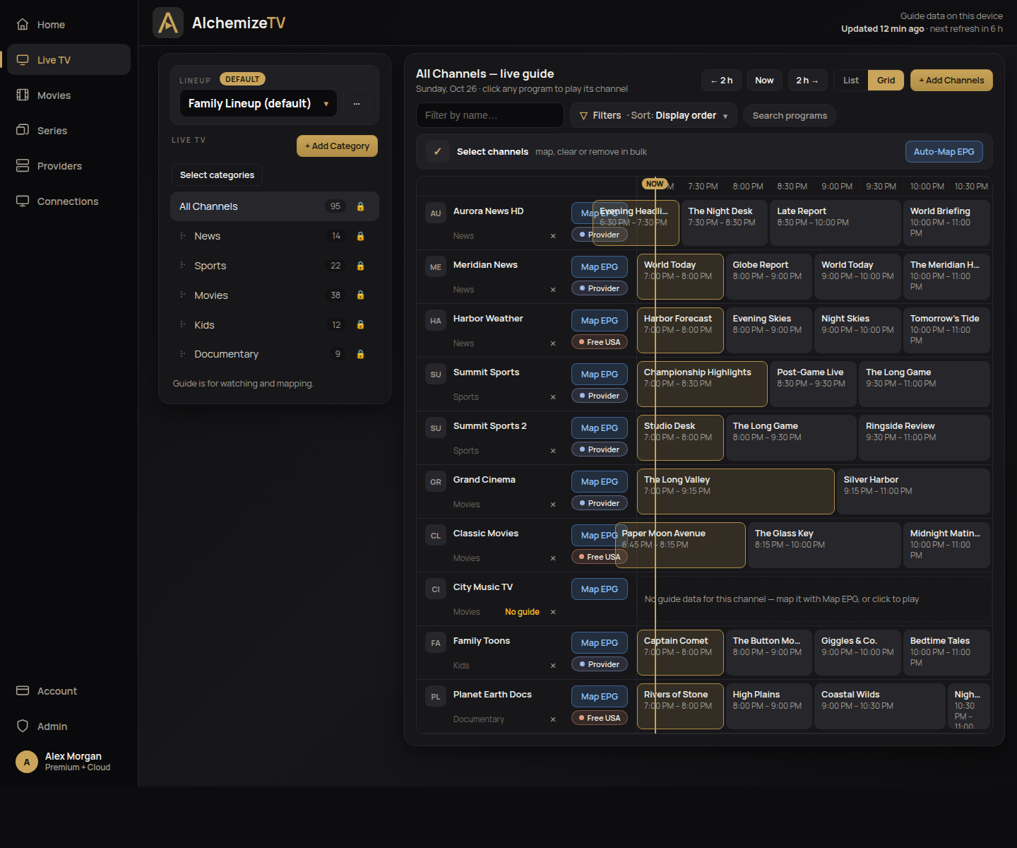 The AlchemizeTV program guide in the web console, with sample content
