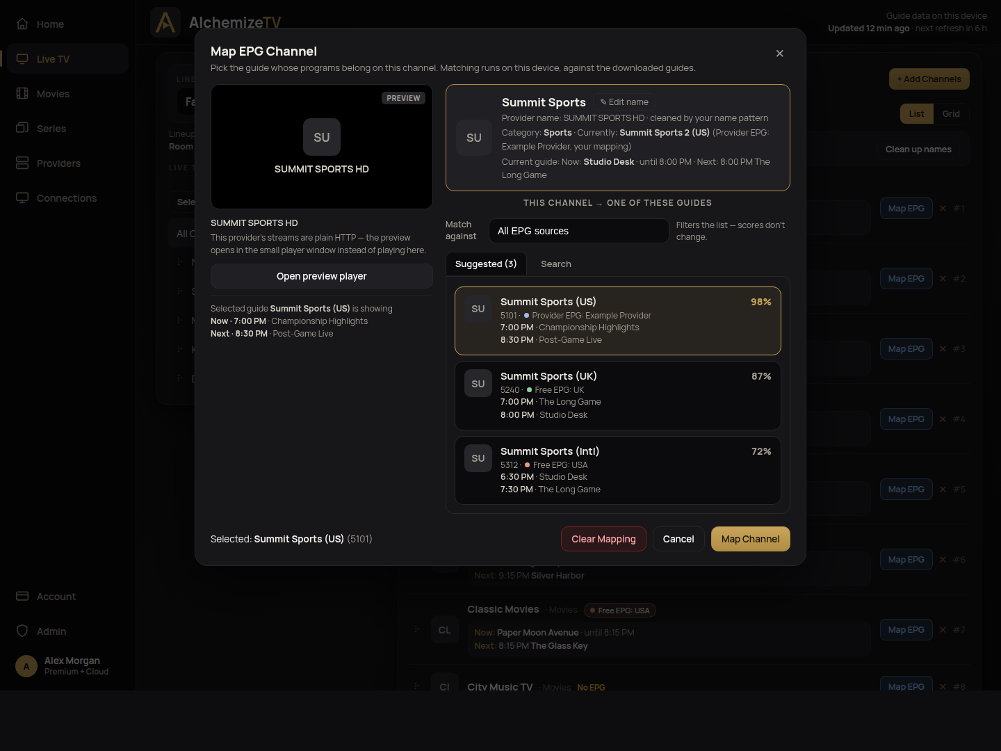 Mapping a channel to its program guide in the AlchemizeTV console, with sample content
