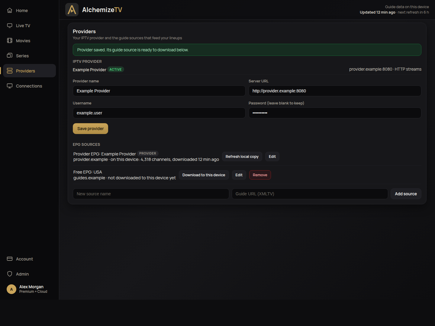 Adding an Xtream Codes provider in the AlchemizeTV console Providers page, with sample content