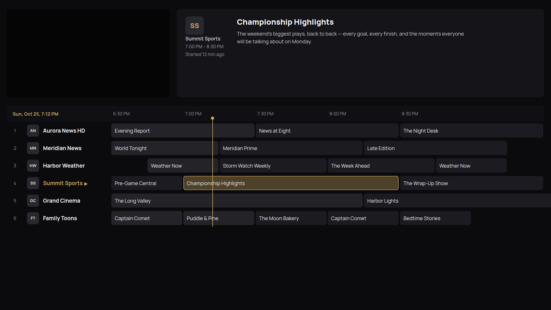 The AlchemizeTV player guide on TV, with channels and programs loaded, with sample content