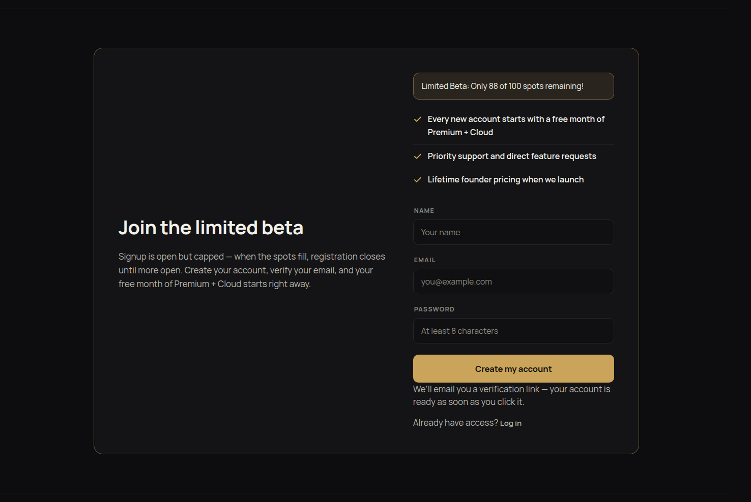 The AlchemizeTV sign-up form on the home page, with empty name, email and password fields